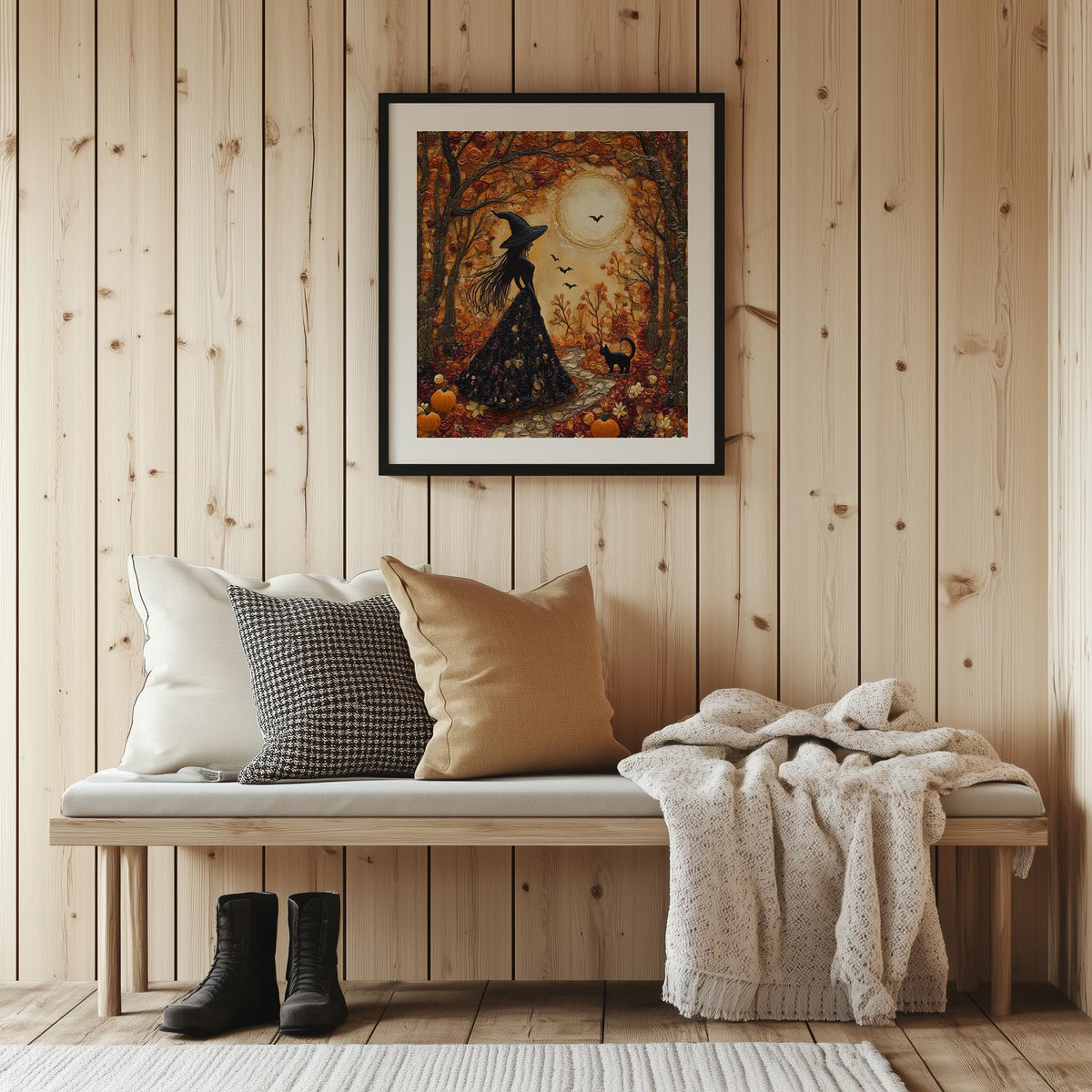 Embroidered Forest Witch Halloween art print shown in a room setting