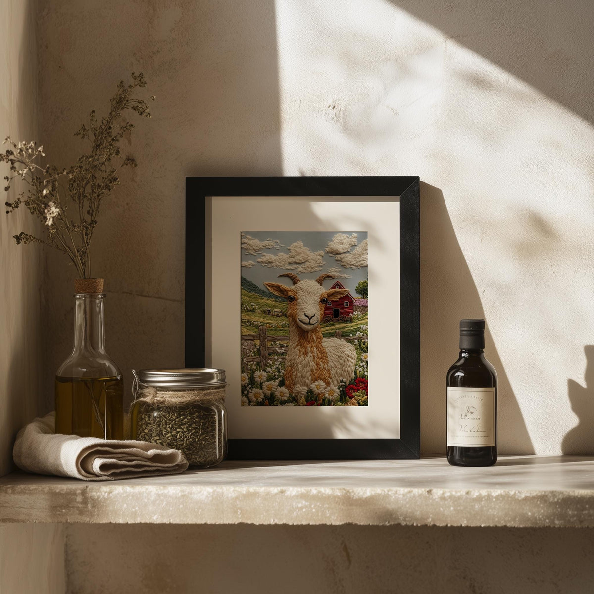 Farm Goat animal art print shown in a room setting