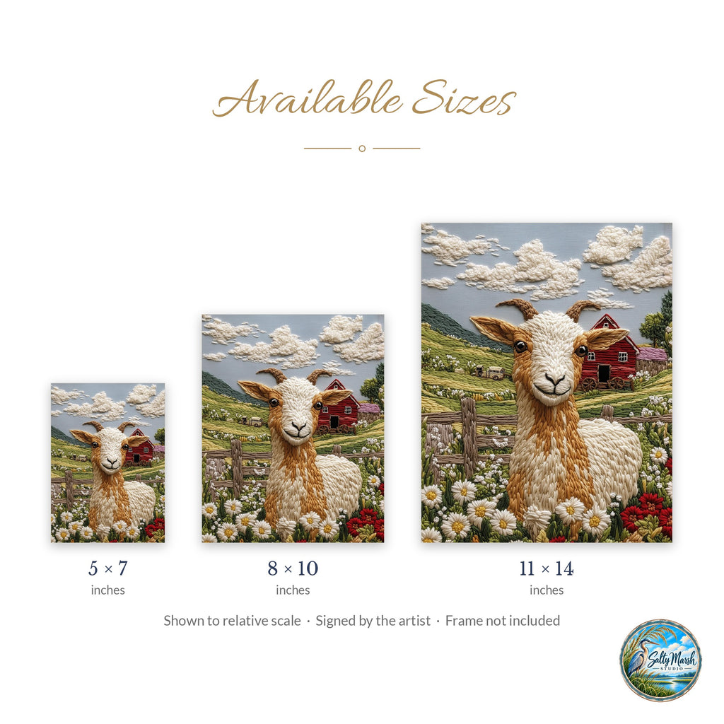 Farm Goat art print size guide: 5x7, 8x10 and 11x14