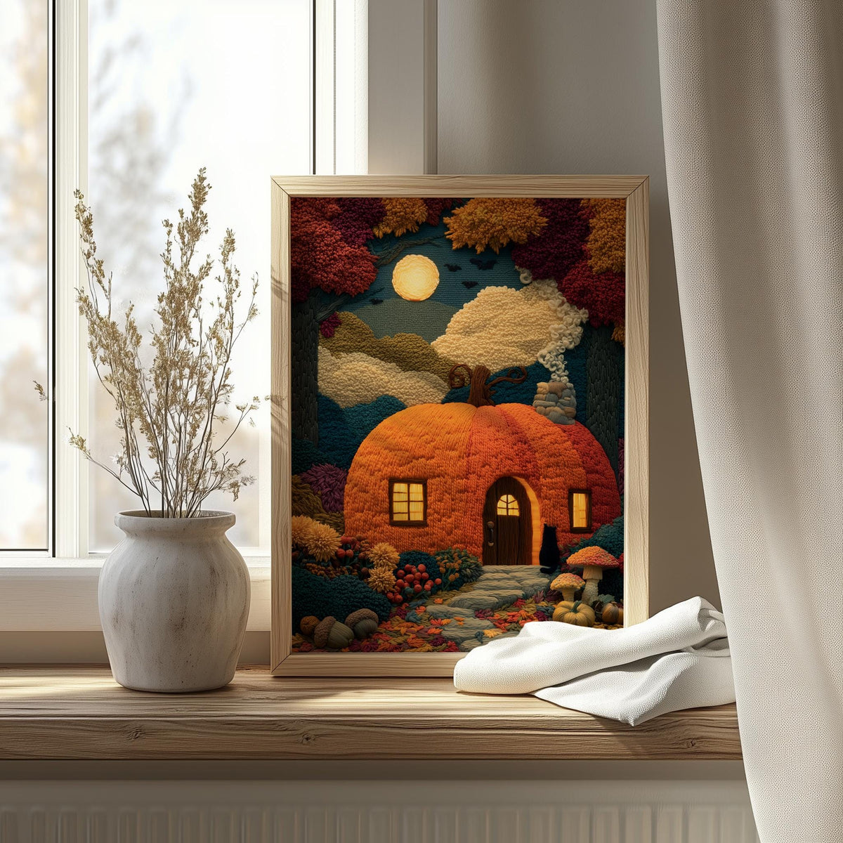 Pumpkin Cottage Halloween art print shown in a room setting