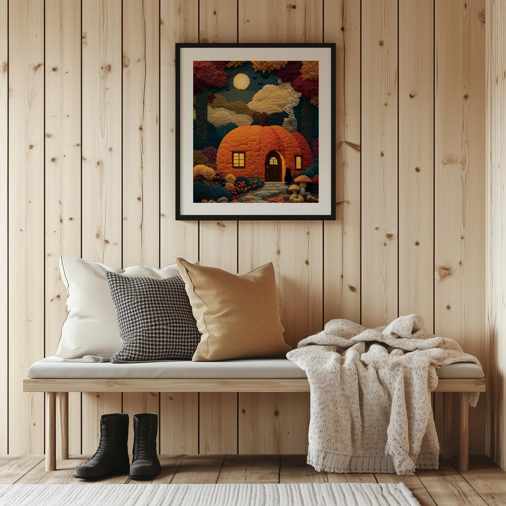 Pumpkin Cottage Halloween art print shown in a room setting