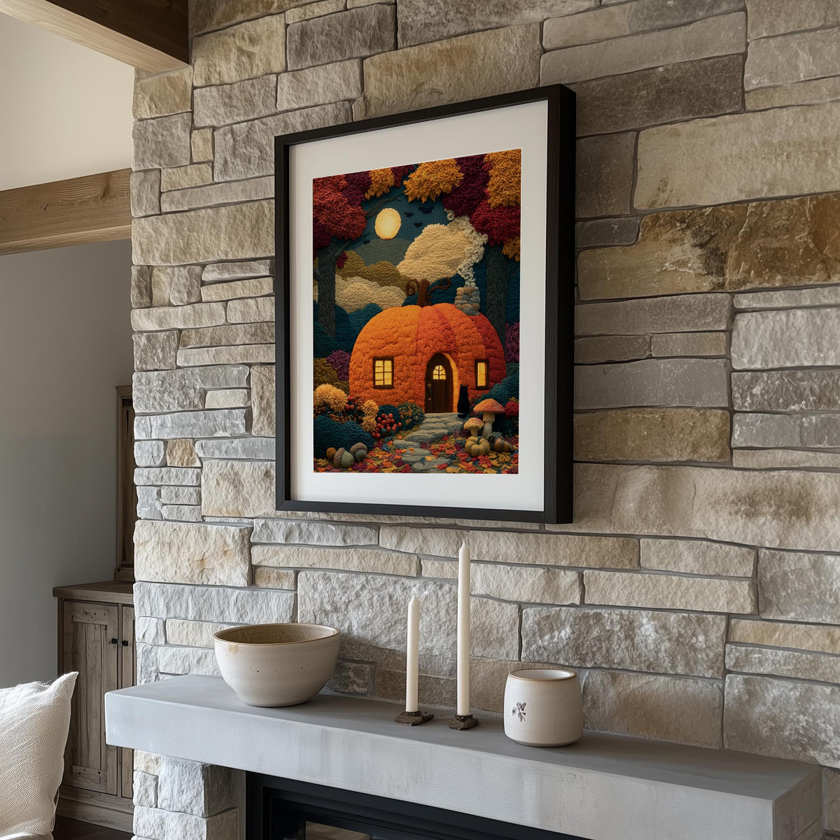 Pumpkin Cottage Halloween art print shown in a room setting