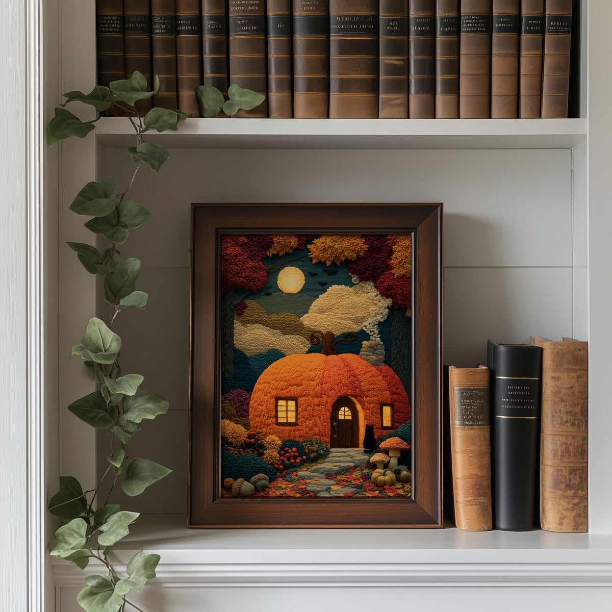 Pumpkin Cottage Halloween art print shown in a room setting