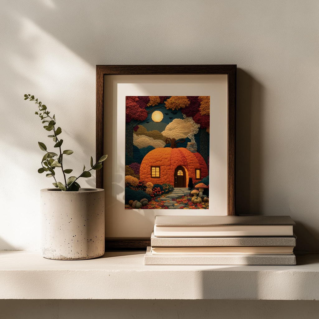 Pumpkin Cottage Halloween art print shown in a room setting