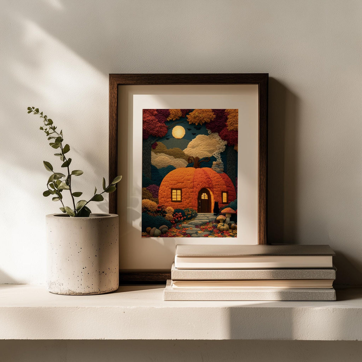 Pumpkin Cottage Halloween art print shown in a room setting