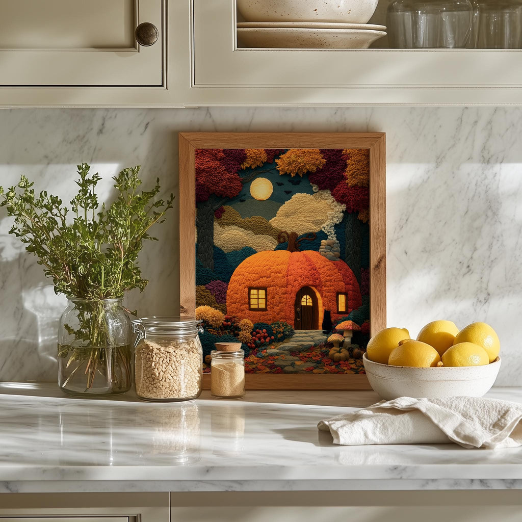 Pumpkin Cottage Halloween art print shown in a room setting