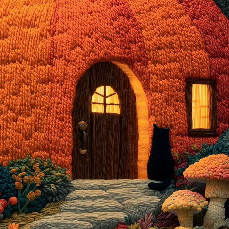 Pumpkin Cottage Halloween art print close-up detail