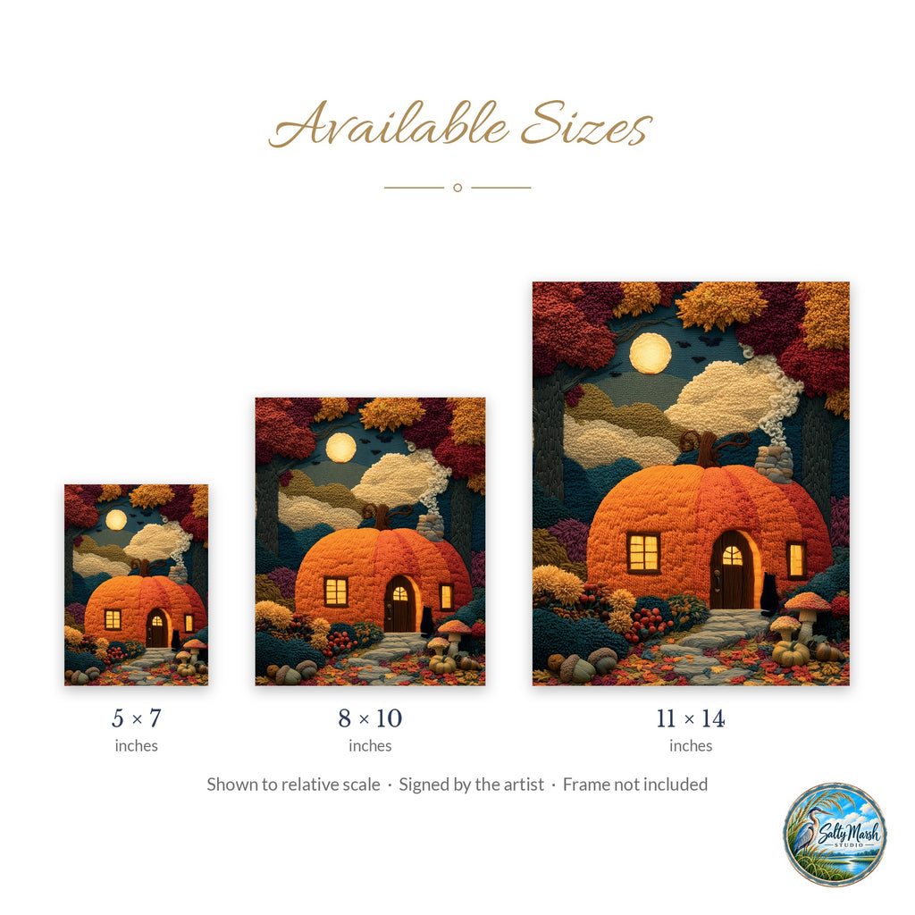 Pumpkin Cottage art print size guide: 5x7, 8x10 and 11x14