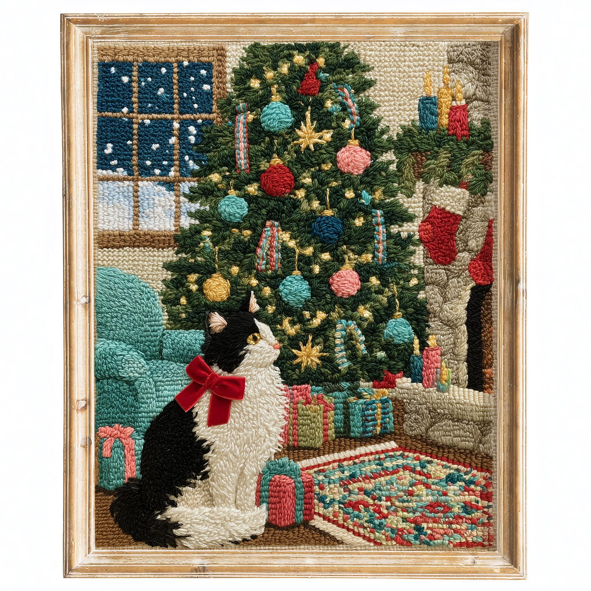 Stitched Cat Christmas art print framed