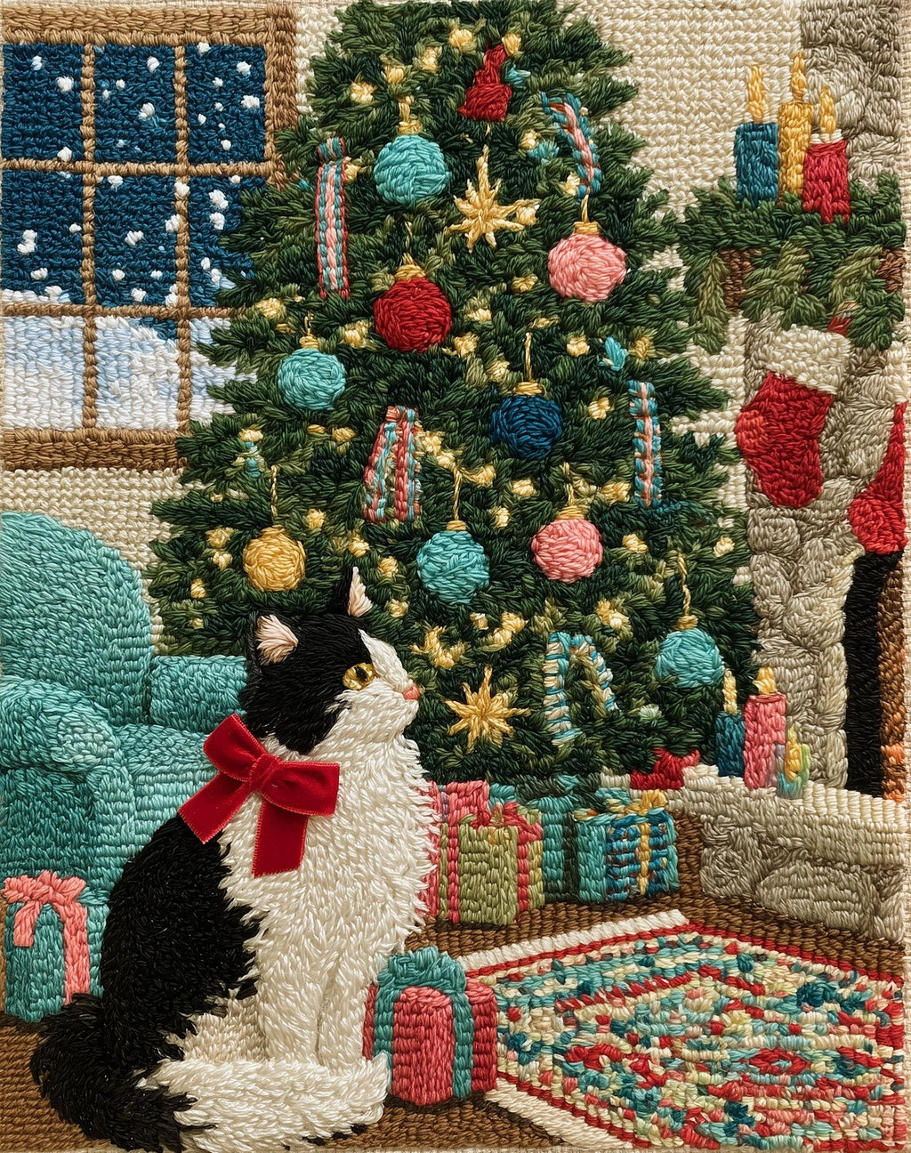 Stitched Cat Christmas art print unframed, signed by Pattie Overcash