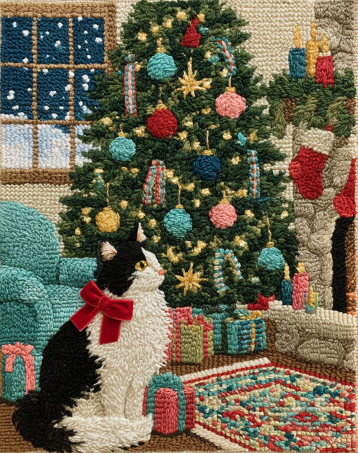 Stitched Cat Christmas art print unframed, signed by Pattie Overcash
