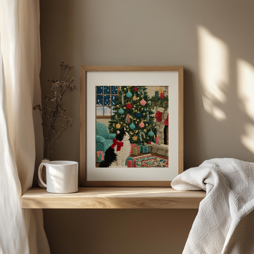 Stitched Cat Christmas art print shown in a room setting