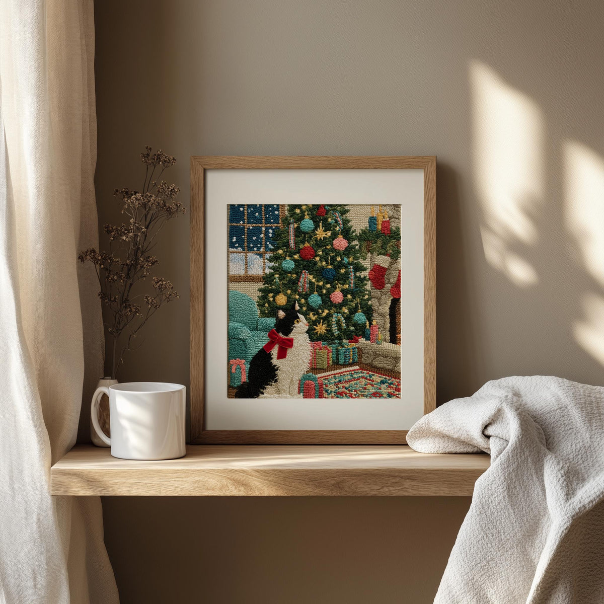 Stitched Cat Christmas art print shown in a room setting