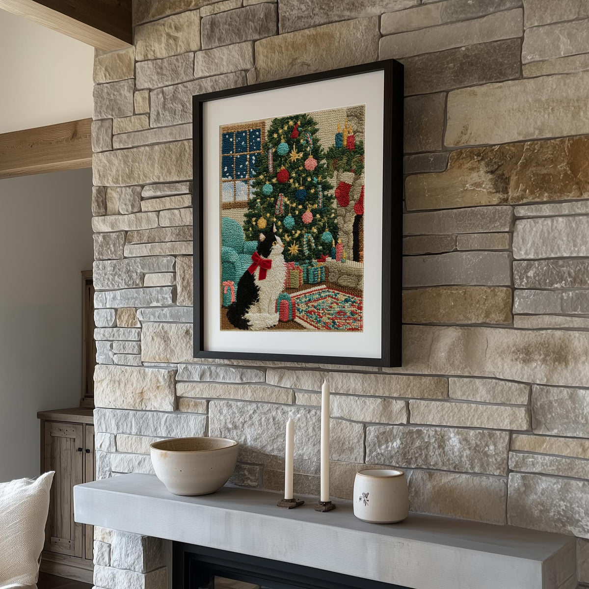 Stitched Cat Christmas art print shown in a room setting