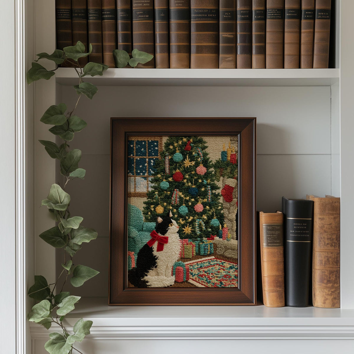Stitched Cat Christmas art print shown in a room setting