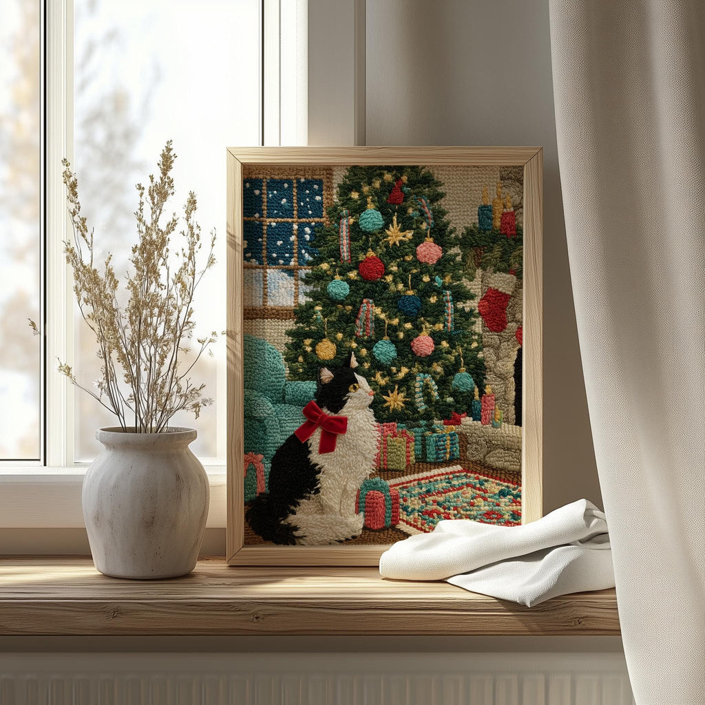 Stitched Cat Christmas art print shown in a room setting