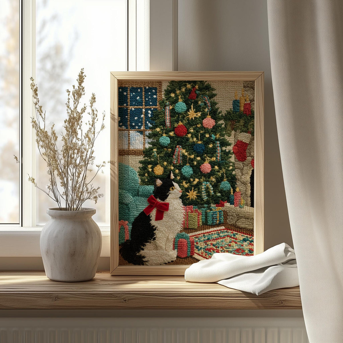 Stitched Cat Christmas art print shown in a room setting