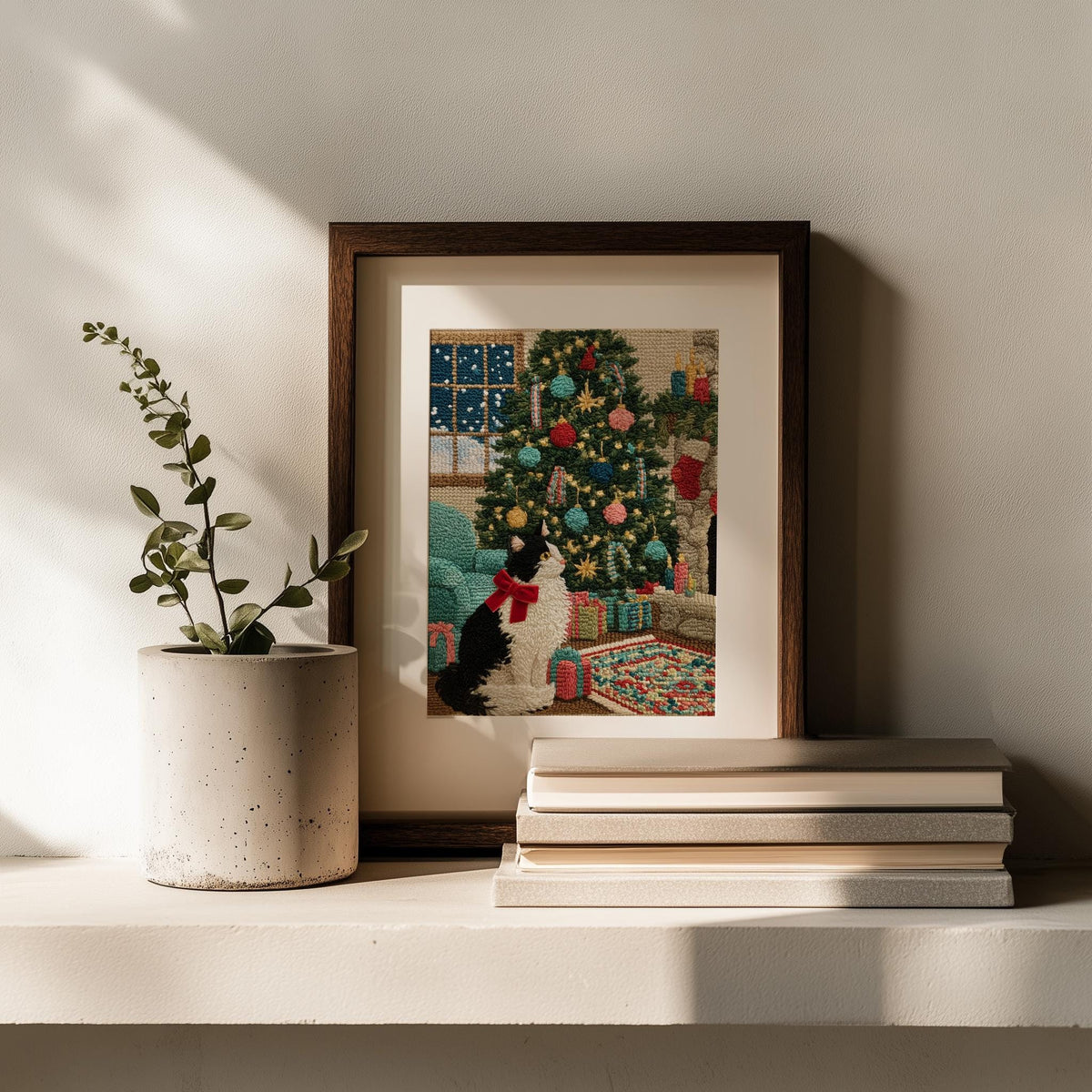 Stitched Cat Christmas art print shown in a room setting