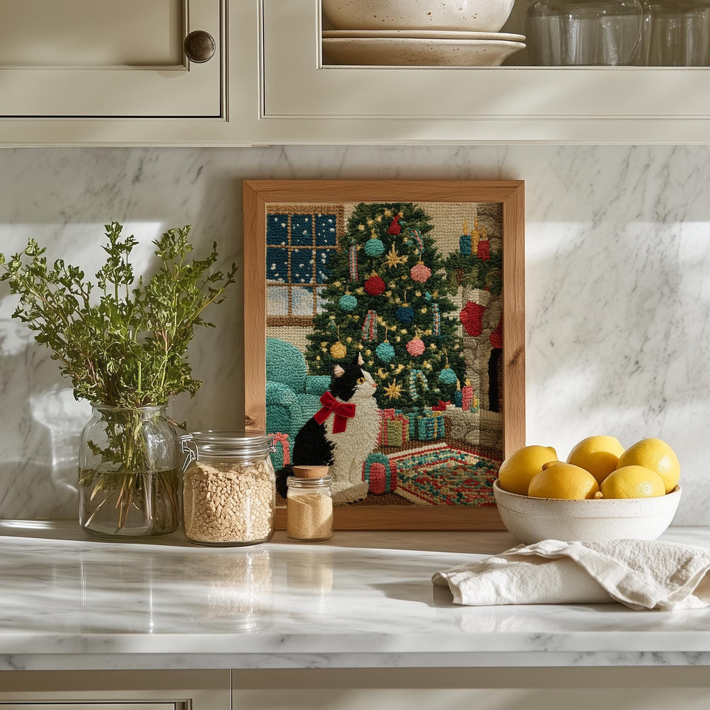 Stitched Cat Christmas art print shown in a room setting