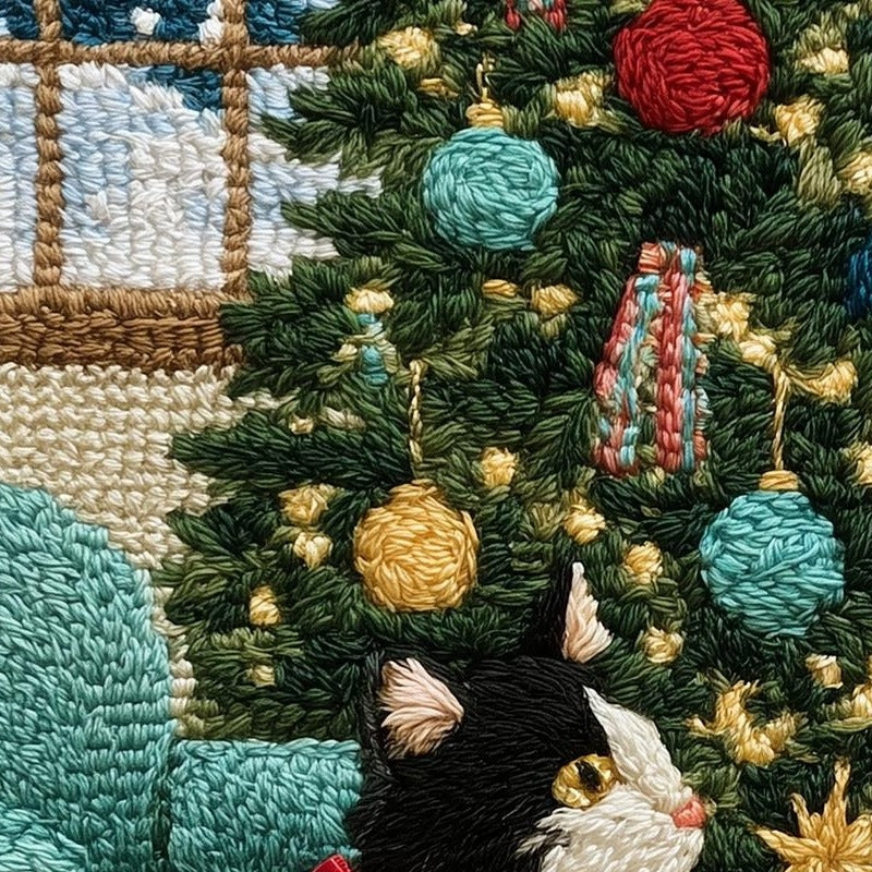 Stitched Cat Christmas art print close-up detail