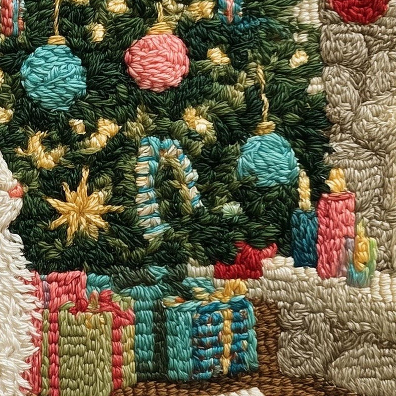 Stitched Cat Christmas art print close-up detail