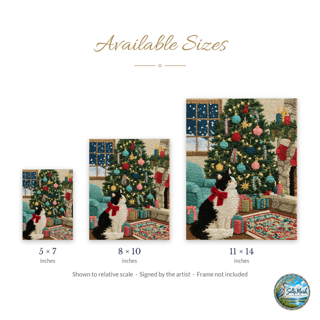Stitched Cat art print size guide: 5x7, 8x10 and 11x14