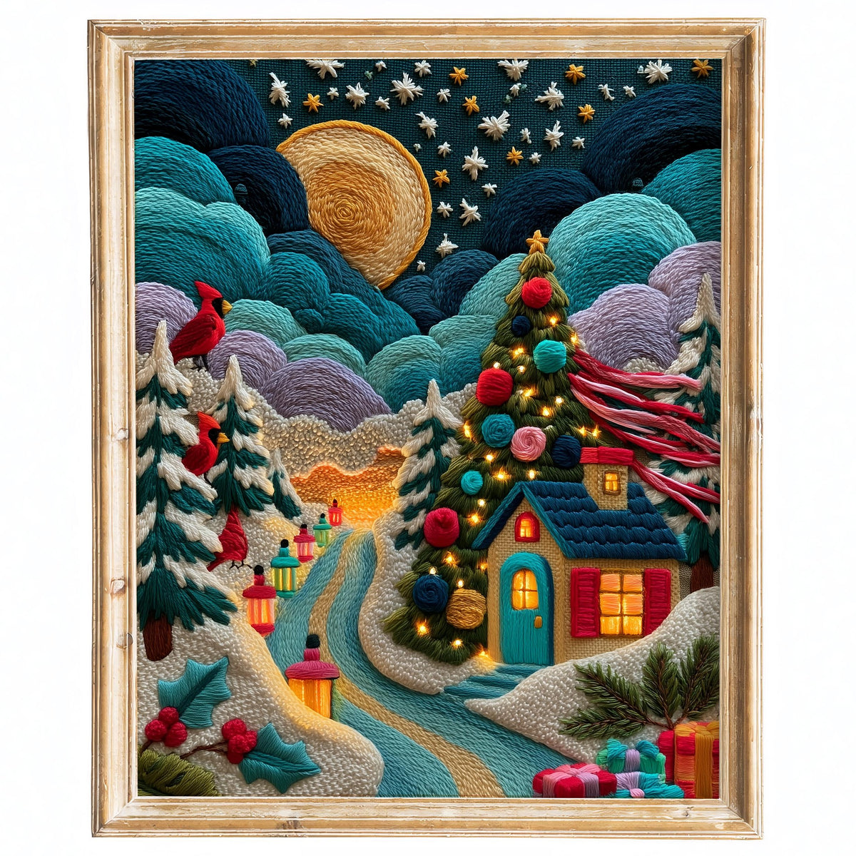 Stitched Cottage Christmas art print framed