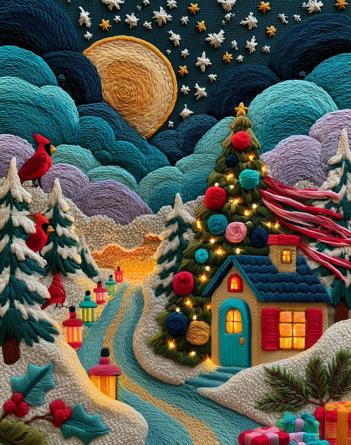 Stitched Cottage Christmas art print unframed, signed by Pattie Overcash