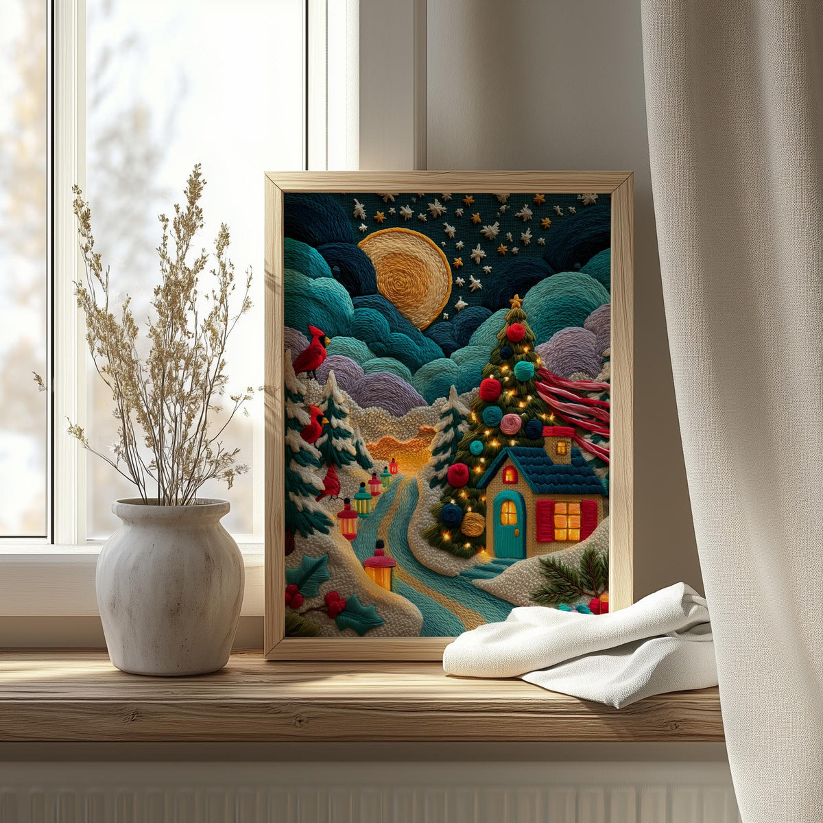 Stitched Cottage Christmas art print shown in a room setting