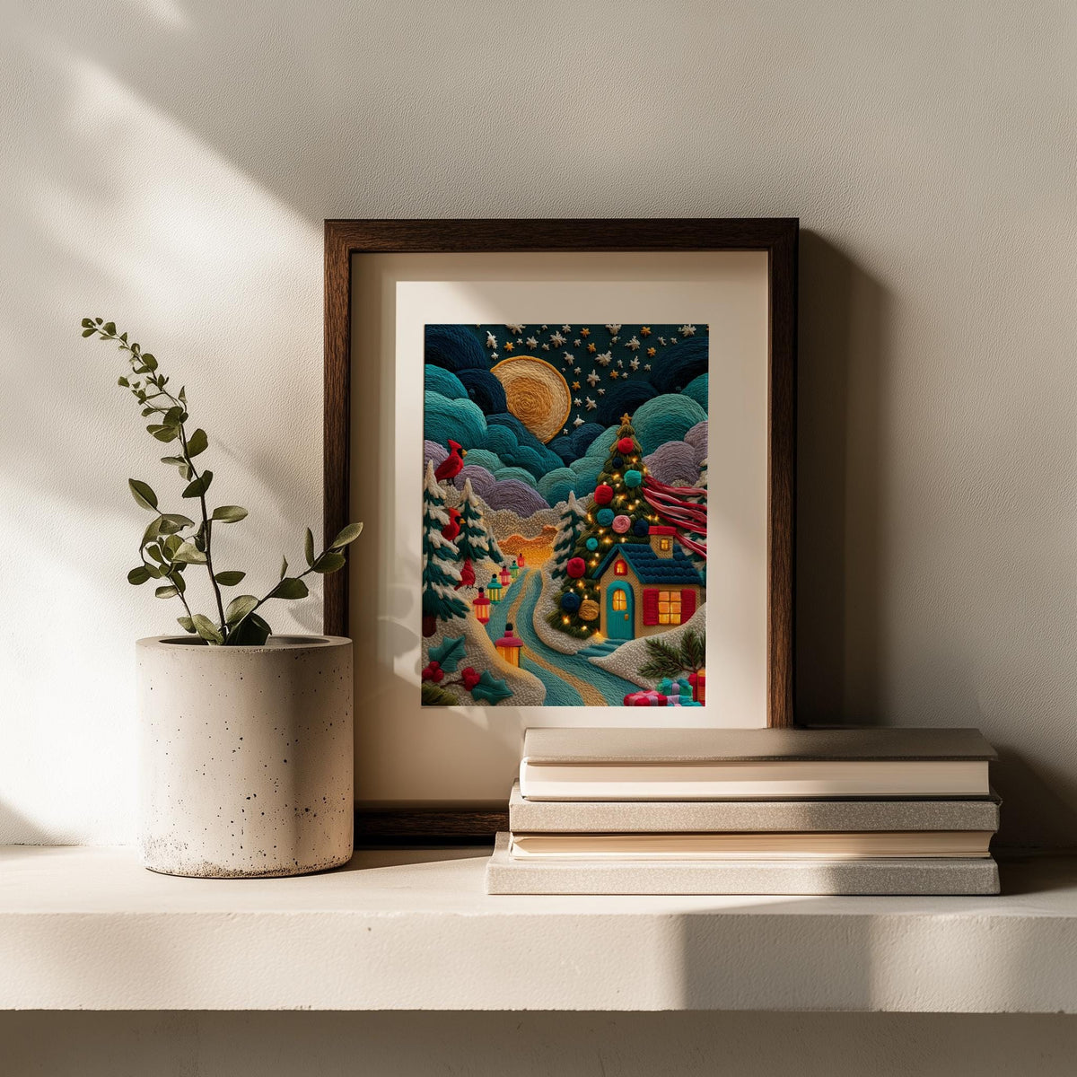 Stitched Cottage Christmas art print shown in a room setting