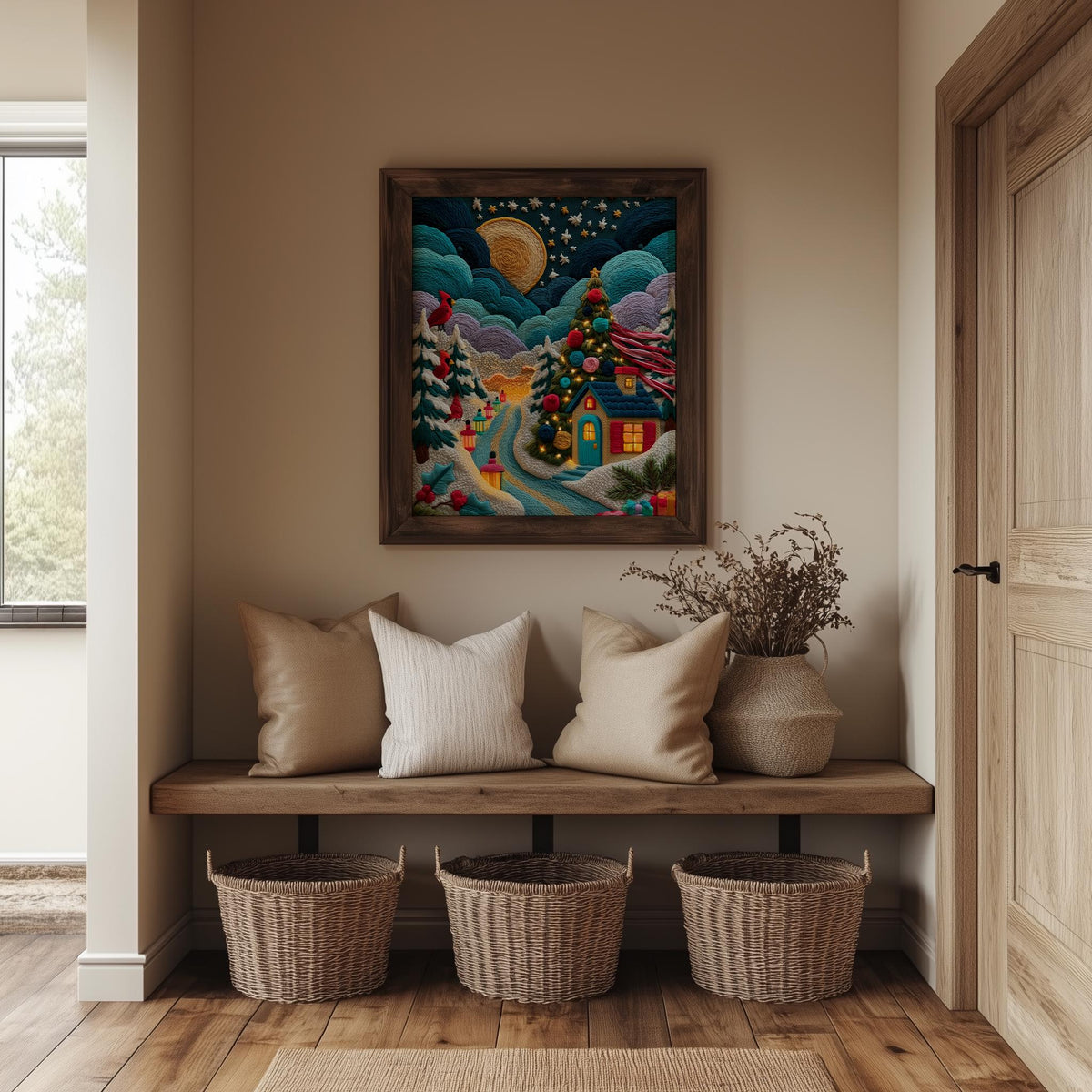 Stitched Cottage Christmas art print shown in a room setting
