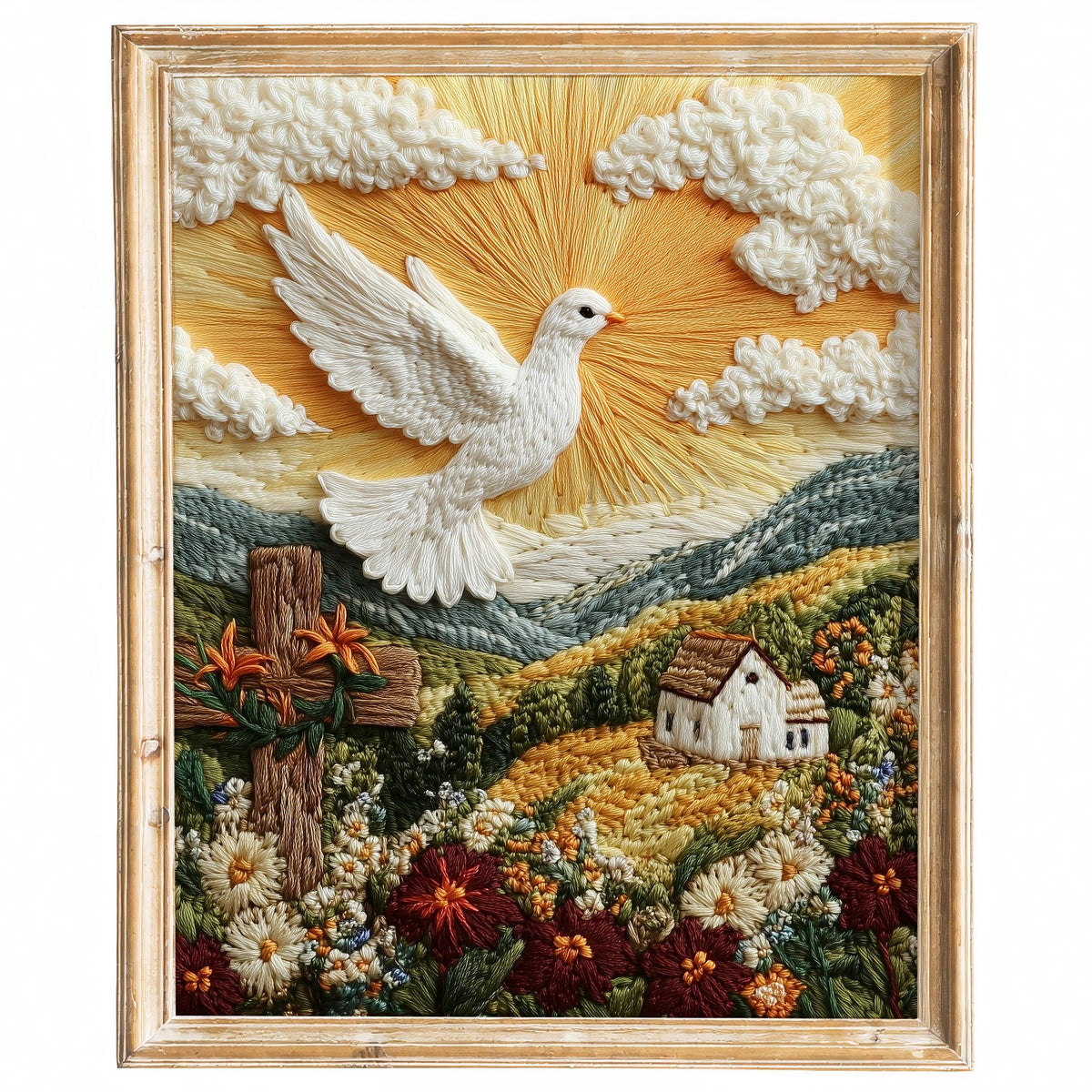 Embroidered Dove faith art print framed