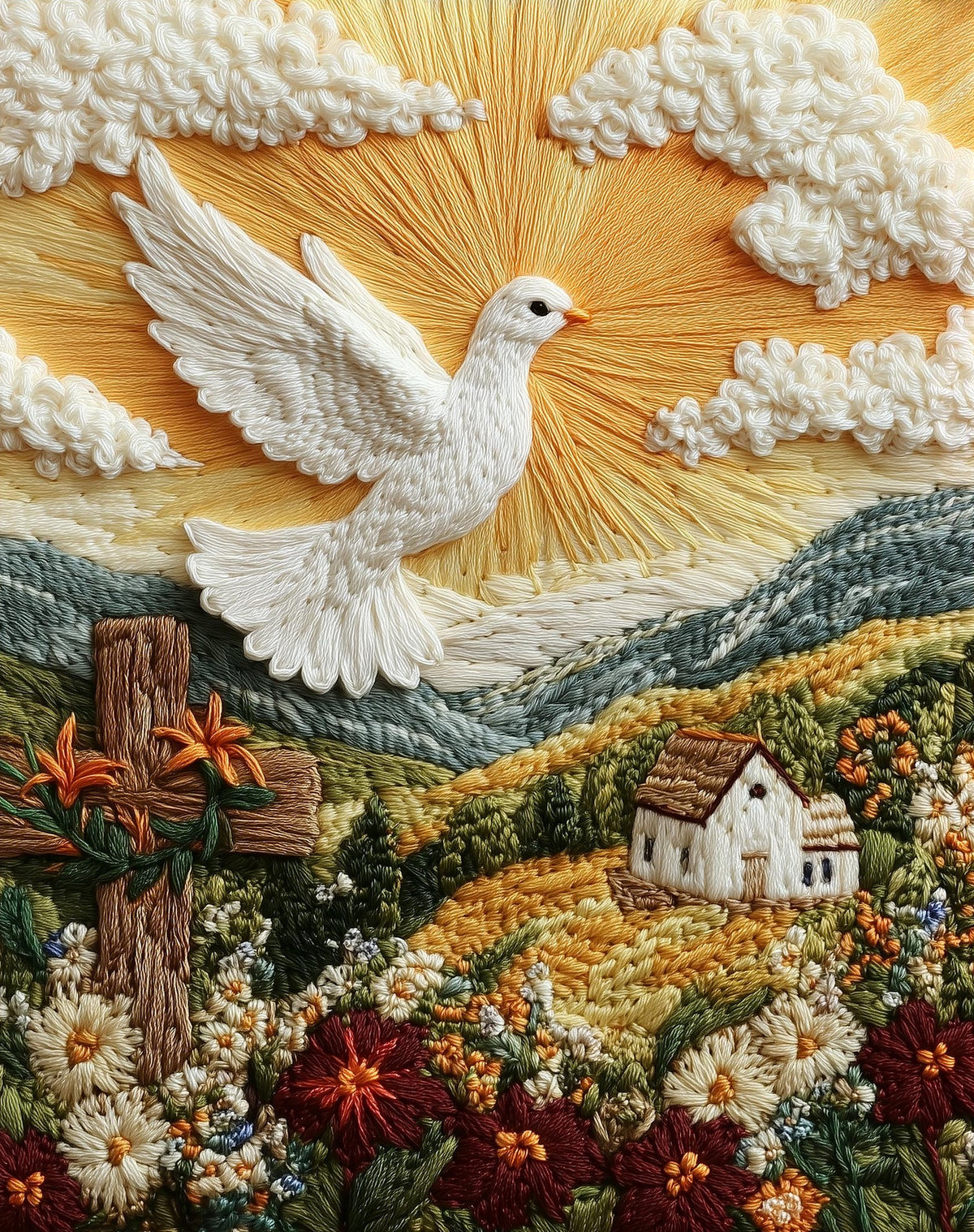 Embroidered Dove faith art print unframed, signed by Pattie Overcash