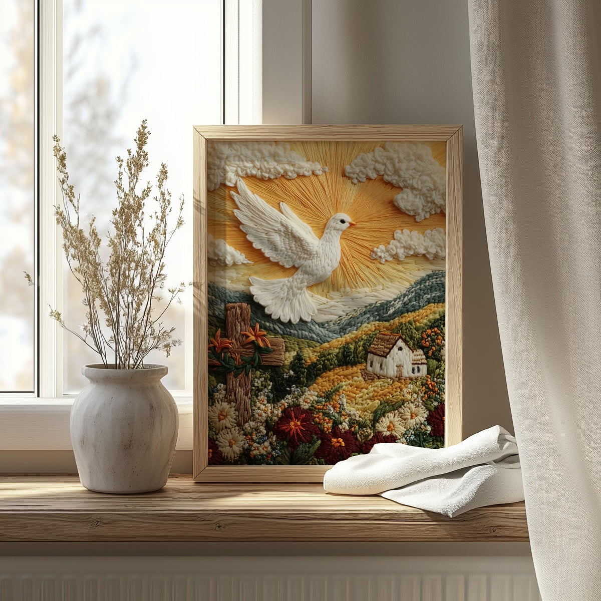 Embroidered Dove faith art print shown in a room setting