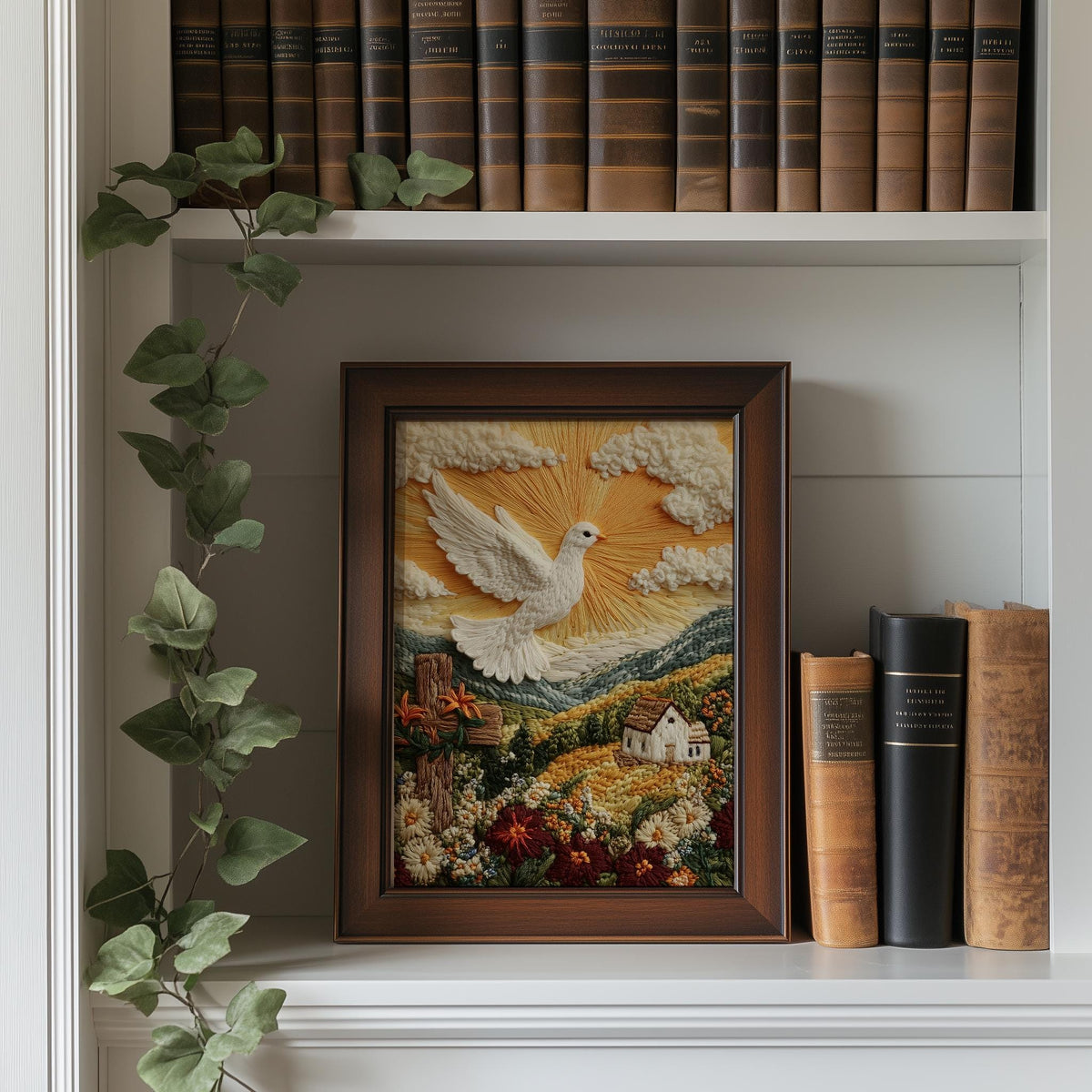 Embroidered Dove faith art print shown in a room setting