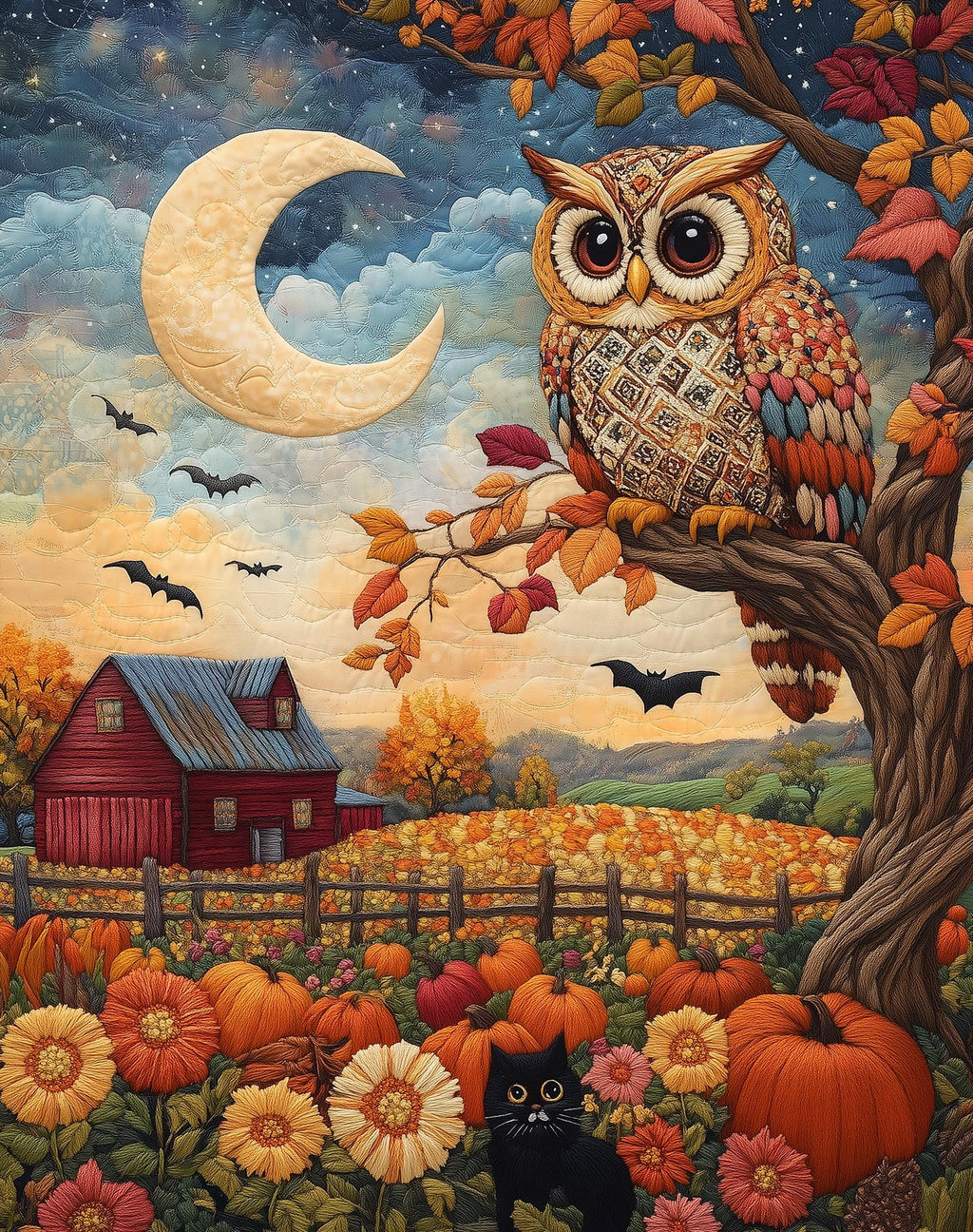 Folk Art Owl fall art print unframed, signed by Pattie Overcash