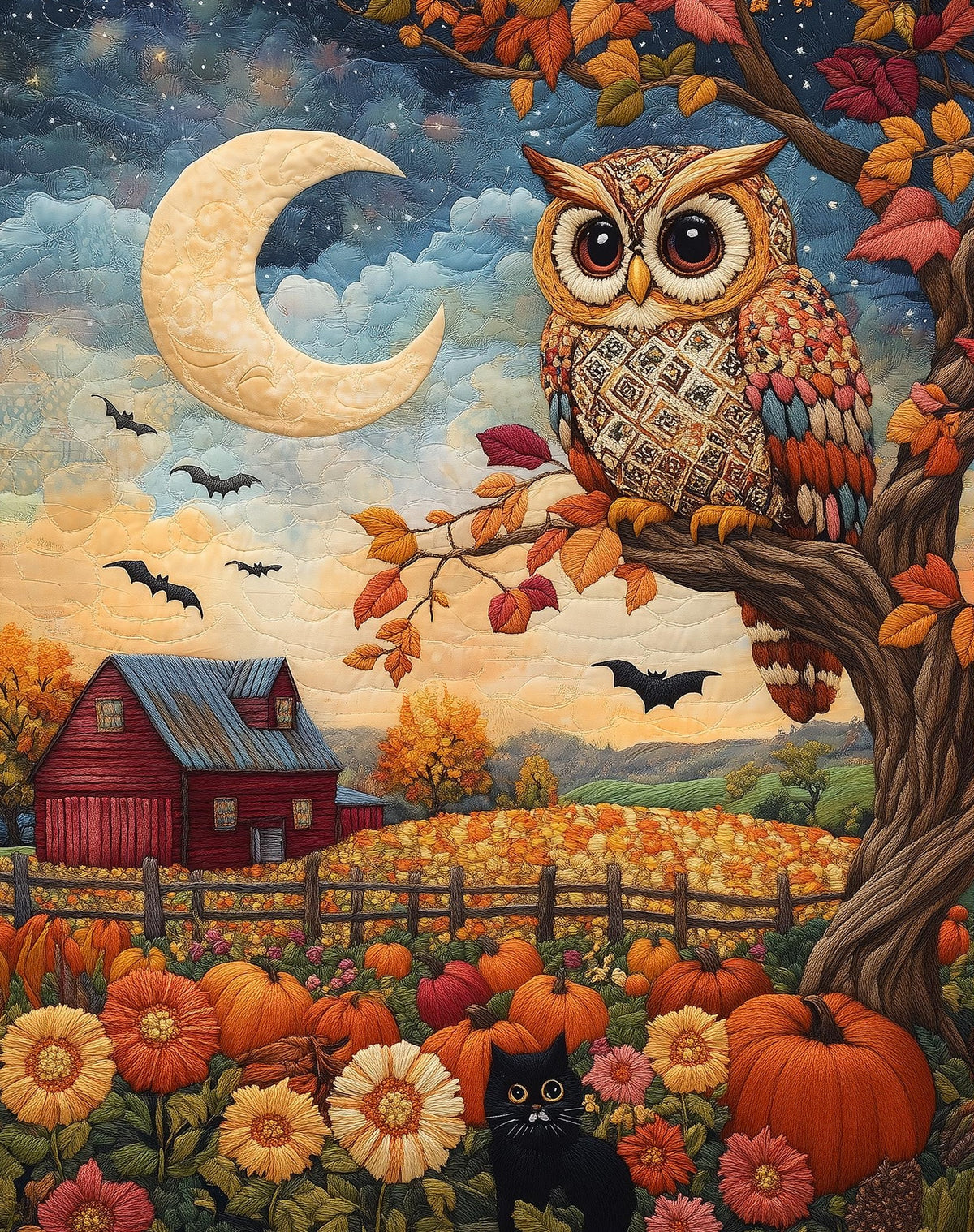 Folk Art Owl fall art print unframed, signed by Pattie Overcash