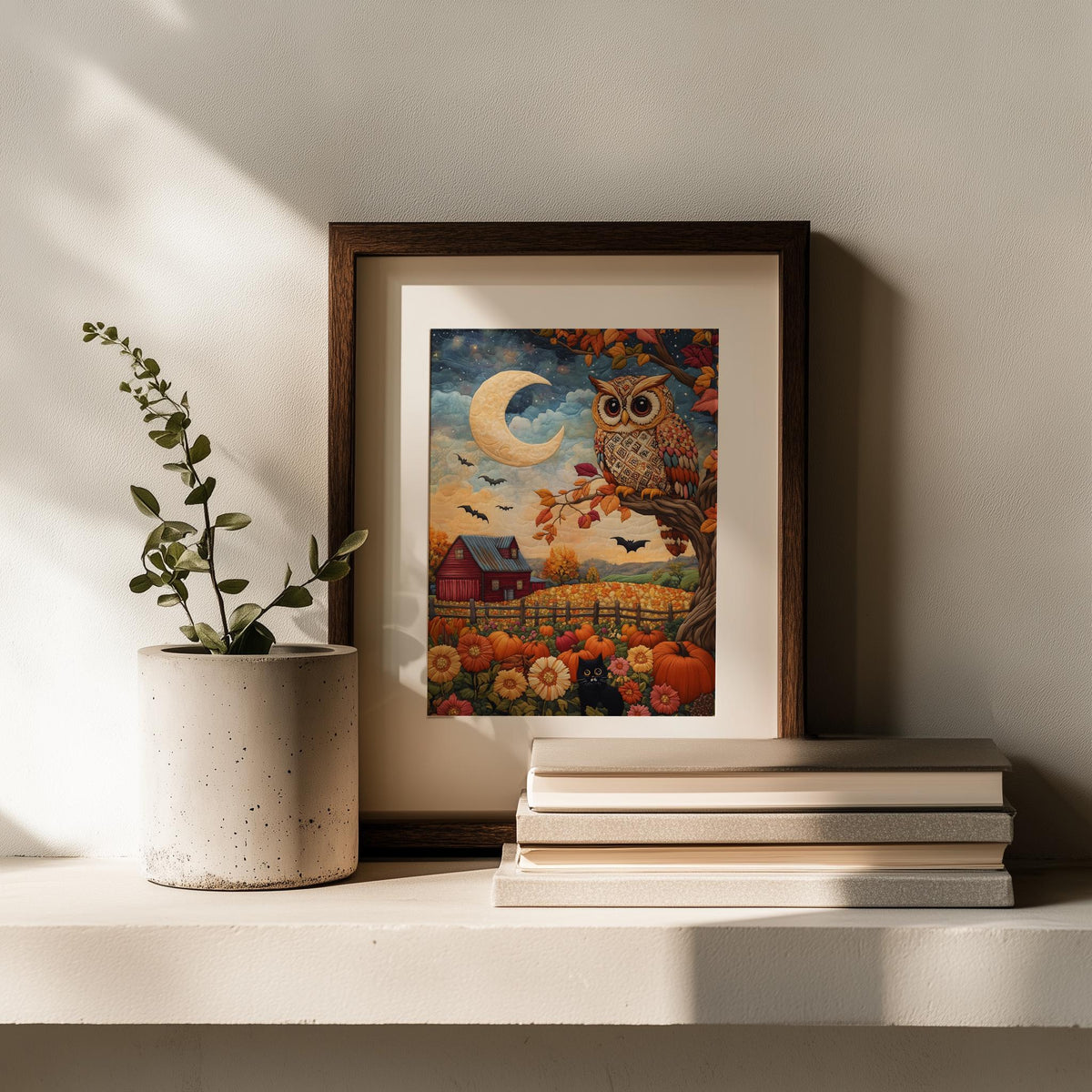 Folk Art Owl fall art print shown in a room setting