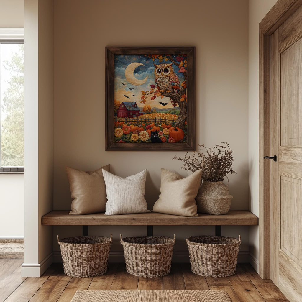 Folk Art Owl fall art print shown in a room setting