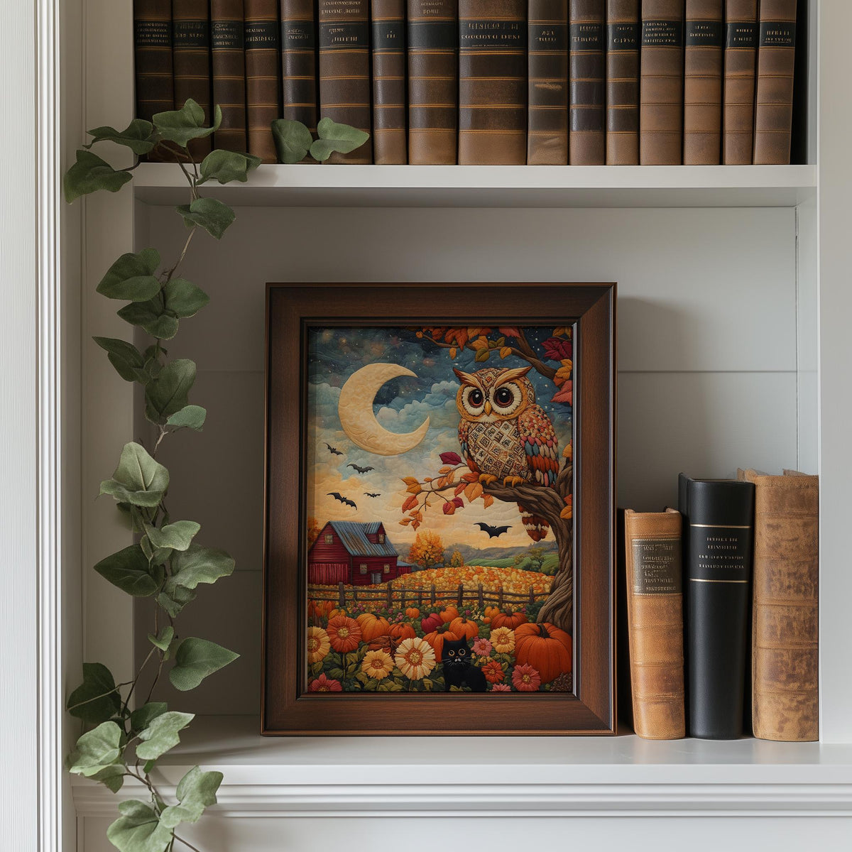 Folk Art Owl fall art print shown in a room setting