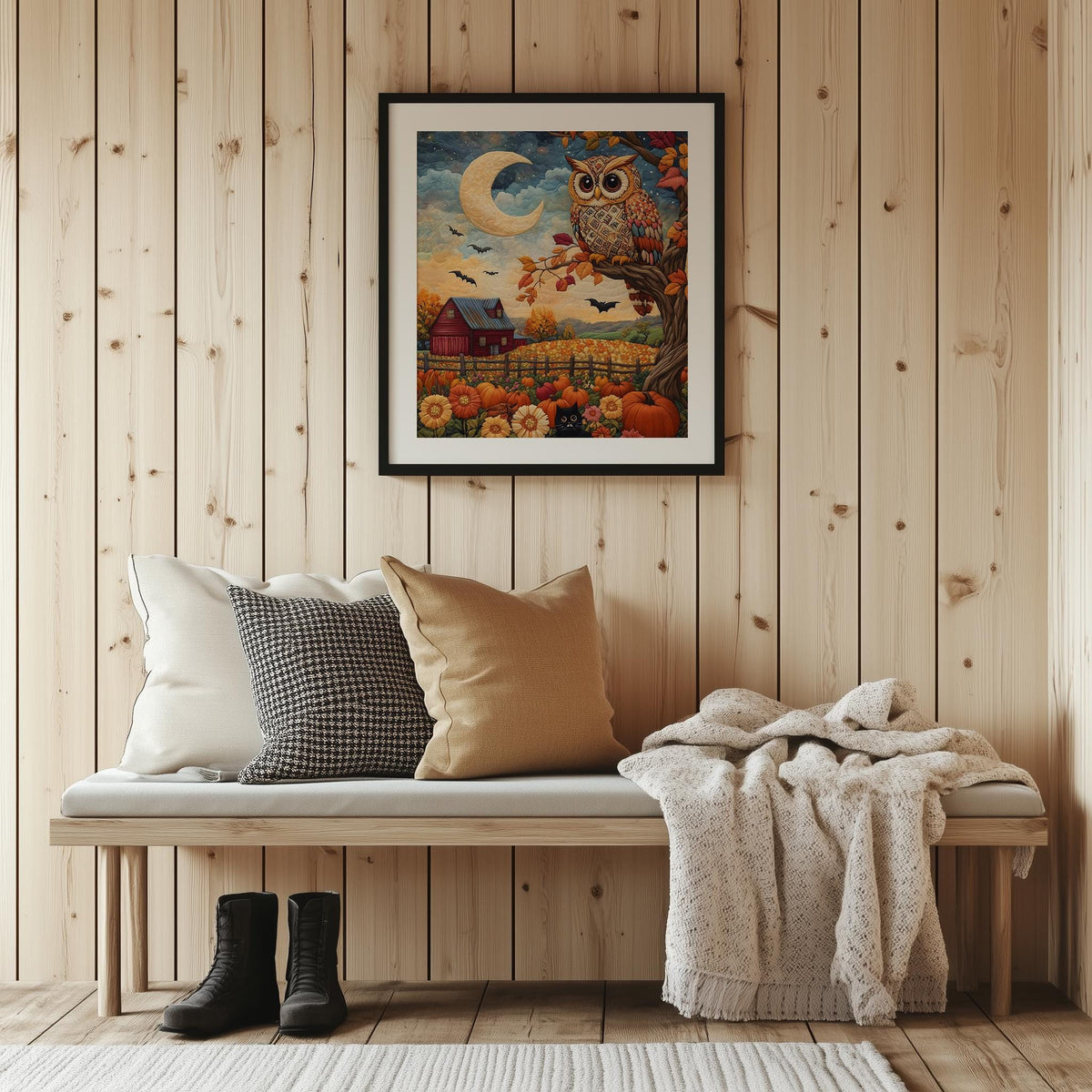 Folk Art Owl fall art print shown in a room setting