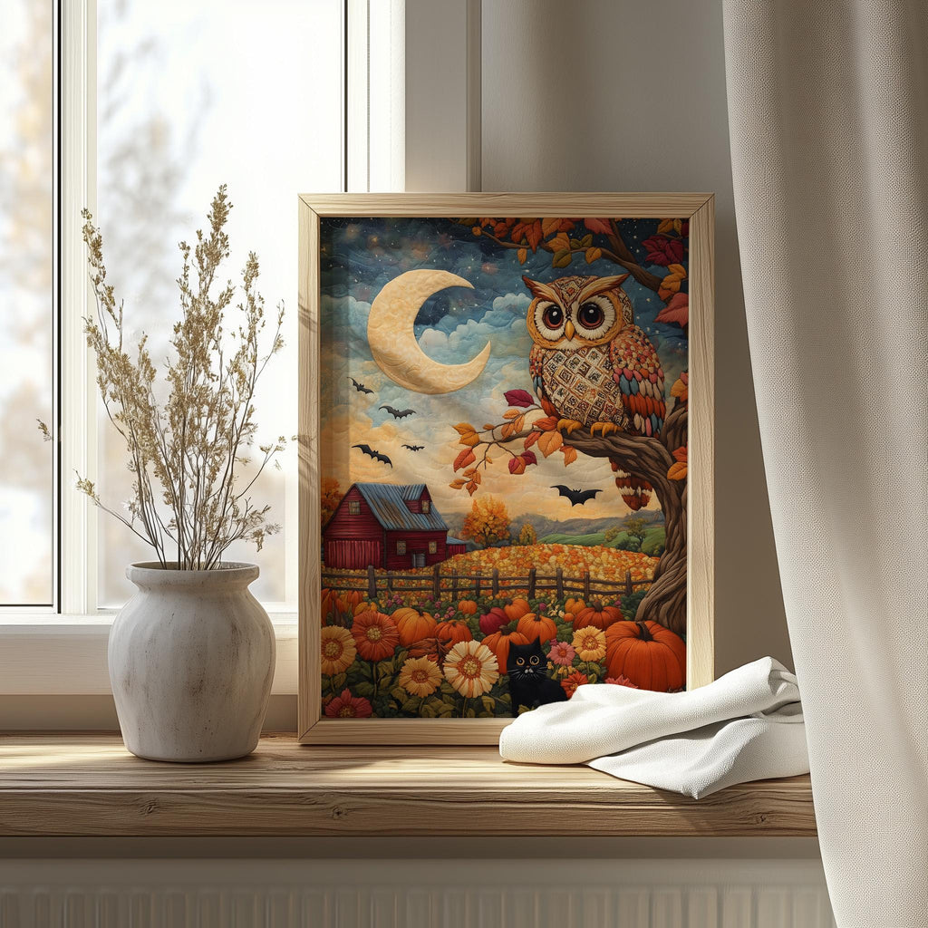 Folk Art Owl fall art print shown in a room setting