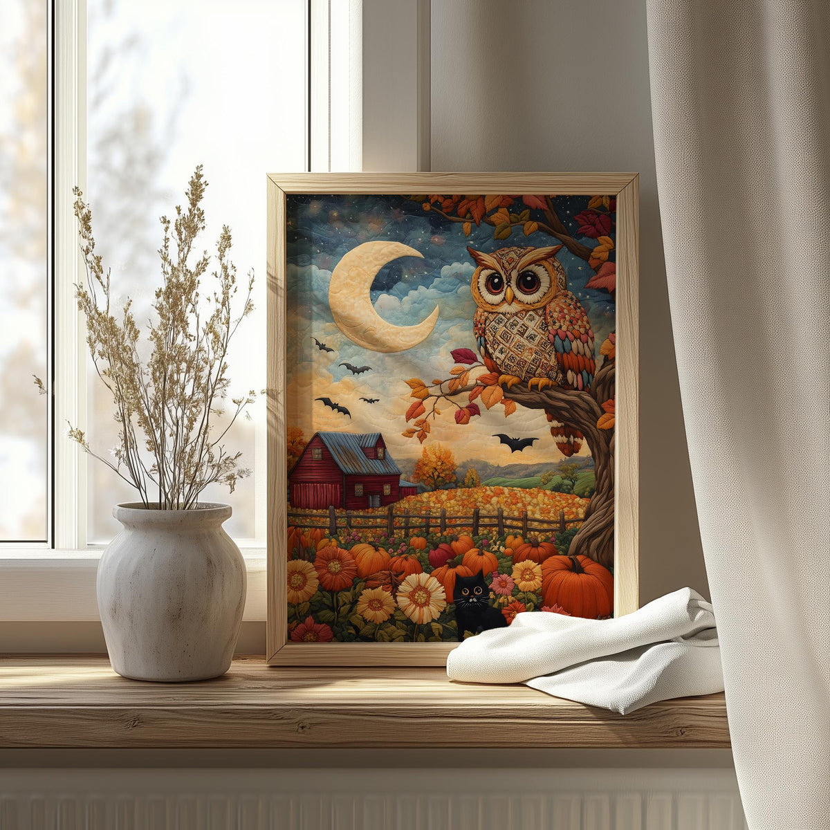 Folk Art Owl fall art print shown in a room setting