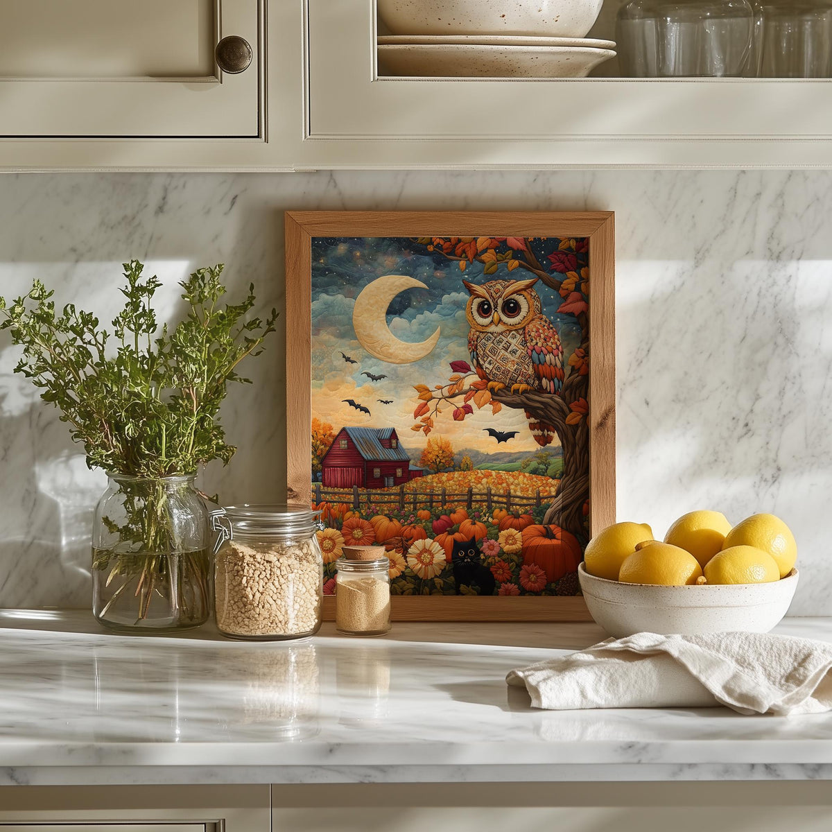 Folk Art Owl fall art print shown in a room setting