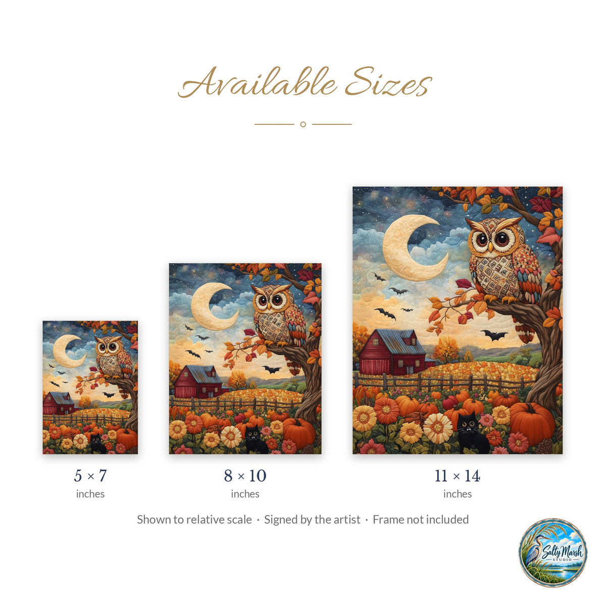 Folk Art Owl art print size guide: 5x7, 8x10 and 11x14