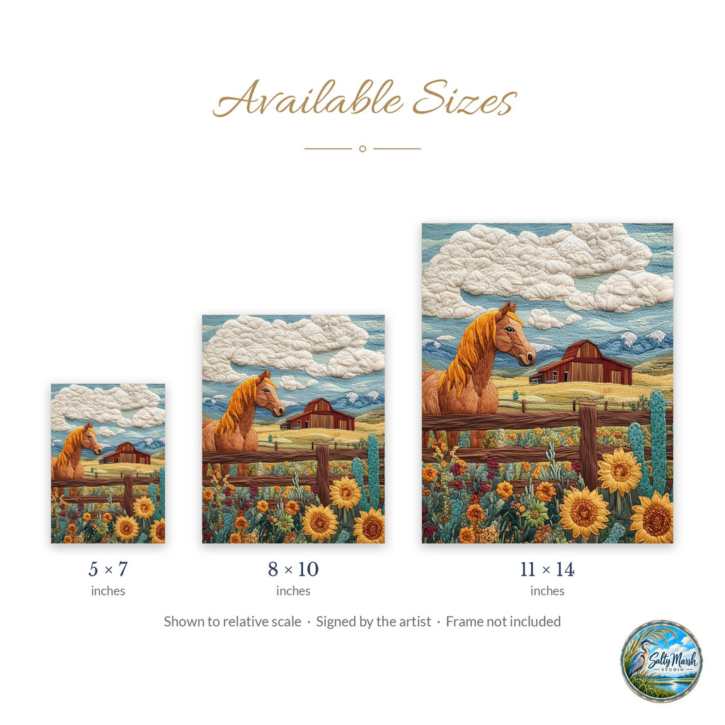 Ranch Horse art print size guide: 5x7, 8x10 and 11x14