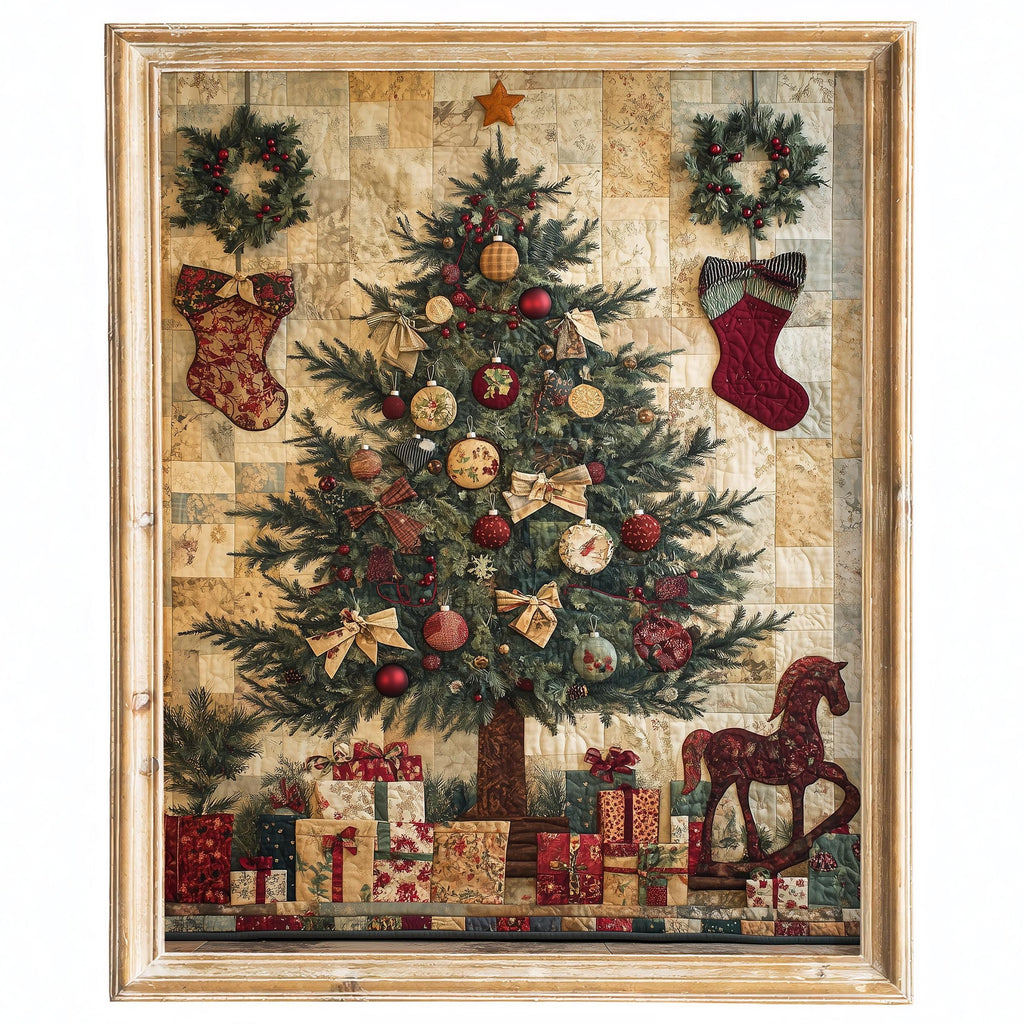 Patchwork Tree Christmas art print framed