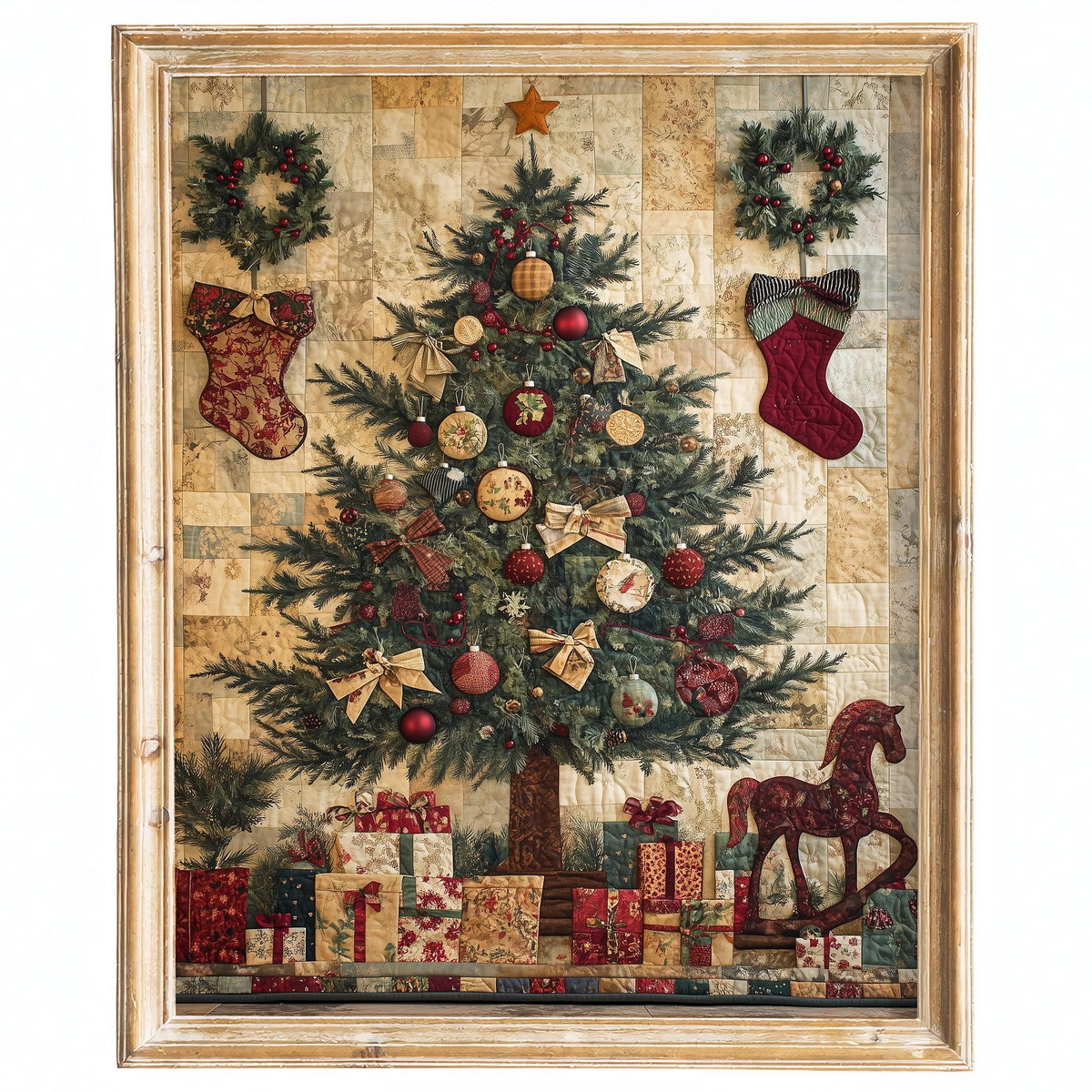 Patchwork Tree Christmas art print framed