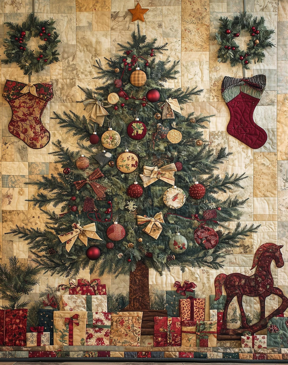 Patchwork Tree Christmas art print unframed, signed by Pattie Overcash