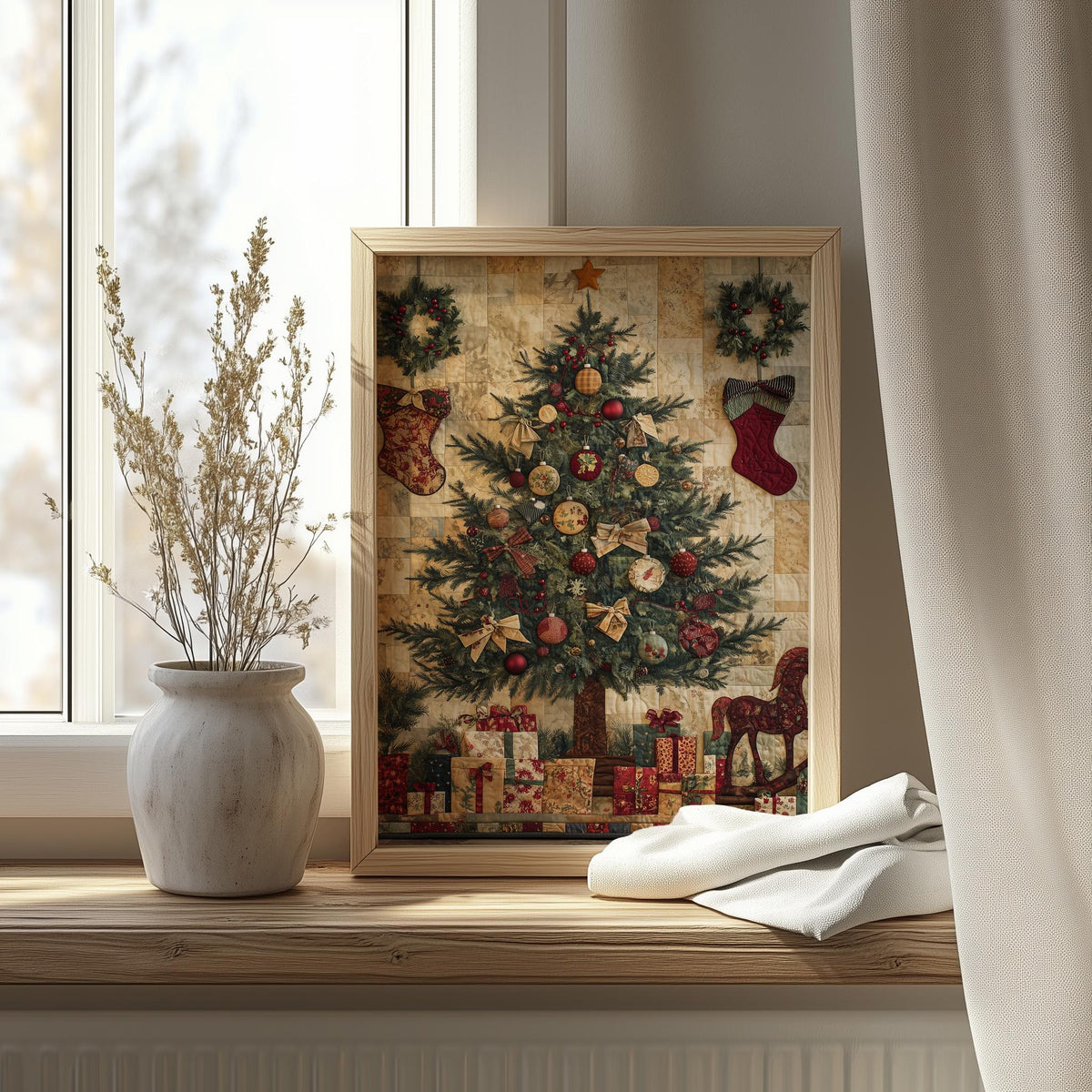 Patchwork Tree Christmas art print shown in a room setting